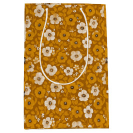 Sacola Para Presentes Média Padrão Floral Mostarda Floral Tom Quente Retro