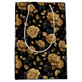 Sacola Para Presentes Média Padrão Floral Preto Rosa Acento Ouro Elegante