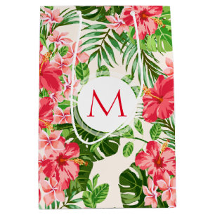 Sacola Para Presentes Média Padrão Floral Red Hibiscus Monograma M Gift Bag