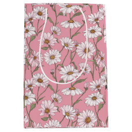 Sacola Para Presentes Média Padrão Floral Rosa Desenhado à Mão com Margaridas 