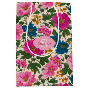 Sacola Para Presentes Média Padrão Floral Rustic Vintage Blue e Pink