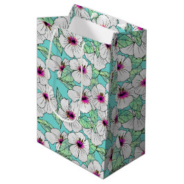 Sacola Para Presentes Média Padrão Floral Tropical de Hibiscus Rosa e Branco