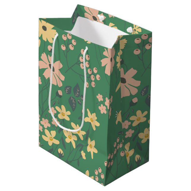 Sacola Para Presentes Média Padrão Floral Verde Boho Moderno (Frente inclinada)