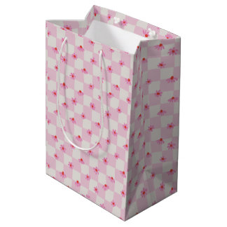 Sacola Para Presentes Média Padrão Floral Xadrez de Margaridas Rosa Suave