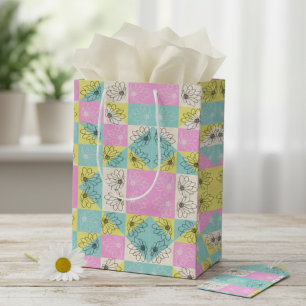 Sacola Para Presentes Média Padrão Floral Xadrez Rosa Pastel Turquesa e Creme