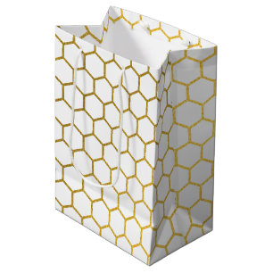 Sacola Para Presentes Média Padrão Geométrico de Hexágono Branco e Dourado