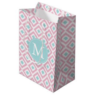 Sacola Para Presentes Média Padrão Ikat de Ouros Monogramas Cor-de-Rosa e Dia