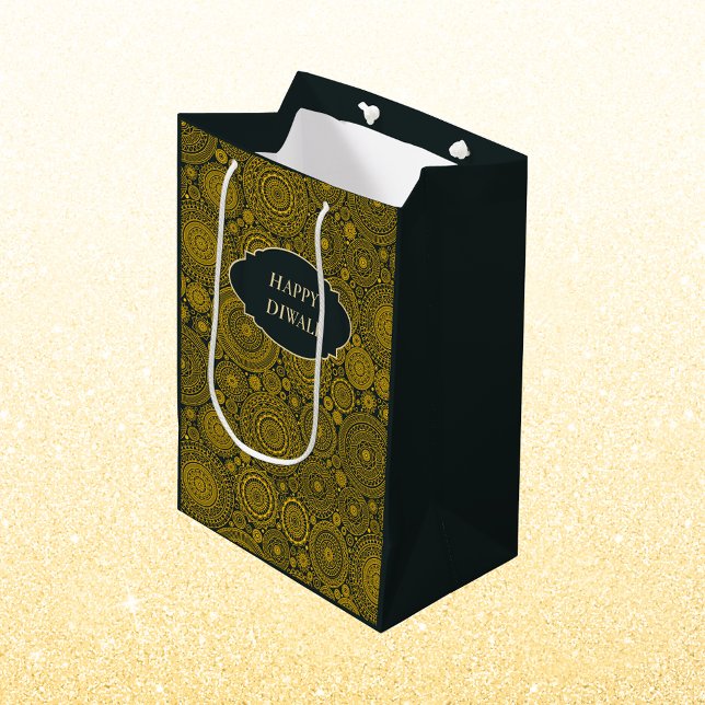 Sacola Para Presentes Média Padrão mandala personalizado de ouro verde elegant (Criador carregado)