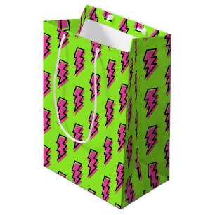 Sacola Para Presentes Média Padrão Neon Green & Pink Lightning Bolt do anos 80
