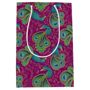 Sacola Para Presentes Média Padrão Paisley de Pavão Rosa