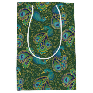 Sacola Para Presentes Média Padrão Paisley de Pavão Verde