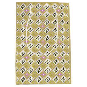 Sacola Para Presentes Média Padrão Tribal Geométrico Moderno Oliva e Magenta