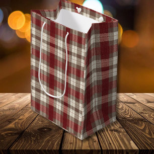 Sacola Para Presentes Média Padrão Xadrez Clássico Marrom Marfim Ferrugem Verm