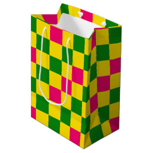 Sacola Para Presentes Média Padrão Xadrez Rosa Amarelo Verde Design 