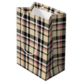 Sacola Para Presentes Média Padrão Xadrez Tartan em Vermelho Bege Preto Branco