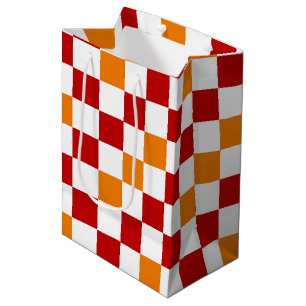 Sacola Para Presentes Média Padrão Xadrez Vermelho Branco Laranja