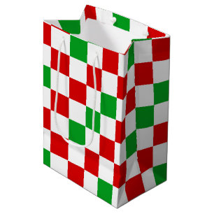 Sacola Para Presentes Média Padrão Xadrez Vermelho Branco Verde Design 