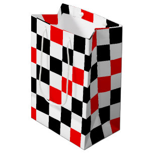 Sacola Para Presentes Média Padrão Xadrez Vermelho Preto e Branco Desenho