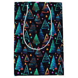 Sacola Para Presentes Média Padrões de Árvores de Natal Azuis Festivas Neon Bl