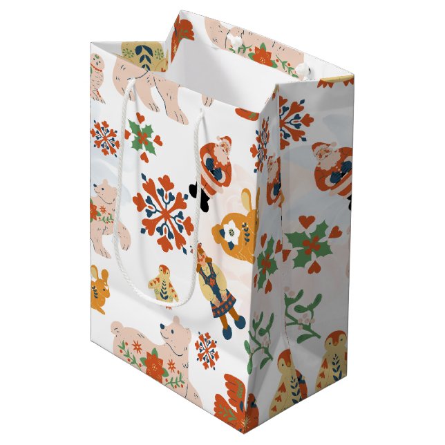 Sacola Para Presentes Média Padrões de Natal das Flores Bonitas com Papais noe (Frente inclinada)