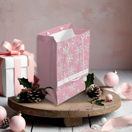 Sacola Para Presentes Média Padrões Elegantes de Flocos de Neve Rosa