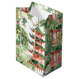 Sacola Para Presentes Média Pagoda Asiática de Aquarela na Paisagem Verdante (