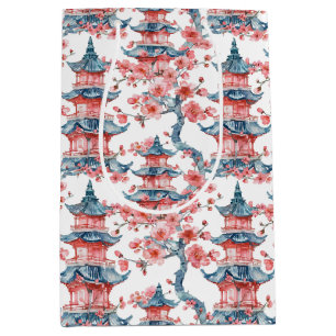 Sacola Para Presentes Média Pagoda Chinesa Aquarela com Flores de Cereja (6)