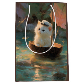 Sacola Para Presentes Média Painting of Fluffy White Kitten Sailing in Coconut