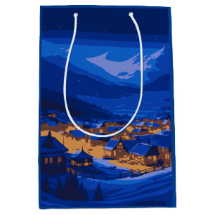 Sacola Para Presentes Média Paisagem Azul Dourada da Montanha do Retro Village
