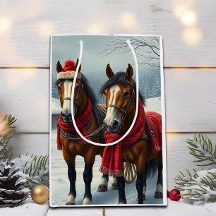 Sacola Para Presentes Média Paisagem de inverno com Cavalos e Cabina