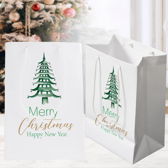 Sacola Para Presentes Média Palha de Natal Green Pagoda - Saco de Presente (Green Pagoda Christmas Tree Gift Bag)