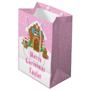 Sacola Para Presentes Média Pão de Gengibre Casa Bright Rosa Feliz Feliz Natal