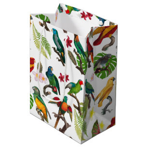 Sacola Para Presentes Média Papagaios Tropicais Coloridos, Folhas e Flores