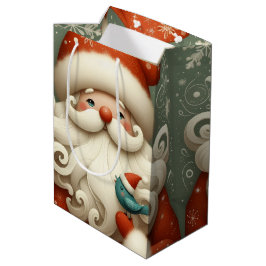 Sacola Para Presentes Média Papai Noel Bonito e Divertido com Pequeno Pássaro