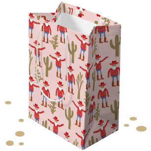 Sacola Para Presentes Média Papai Noel Cowboy Natal Western Rosa