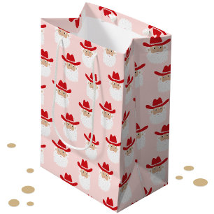 Sacola Para Presentes Média Papai Noel Cowboy Natal Western Rosa