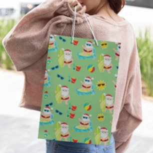 Sacola Para Presentes Média Papai Noel de Surf na Praia Tropical Natal Cute