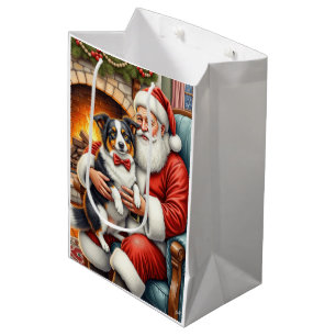 Sacola Para Presentes Média Papai Noel segurando a Arte de Natal do Border Col