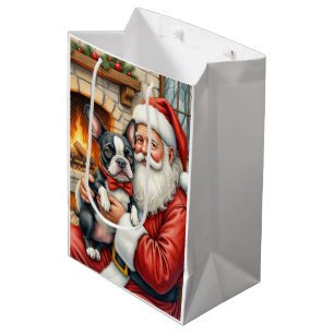 Sacola Para Presentes Média Papai Noel segurando a arte de Natal do Boston Ter