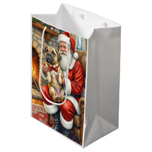 Sacola Para Presentes Média Papai Noel segurando a arte de Natal do Bullmastif