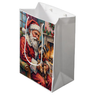 Sacola Para Presentes Média Papai Noel segurando a arte de Natal do Terrier Ti
