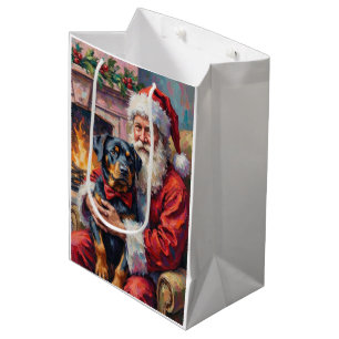 Sacola Para Presentes Média Papai Noel segurando arte de Natal de Rottweiler