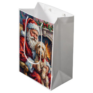 Sacola Para Presentes Média Papai Noel segurando o cão de pastor inglês antigo
