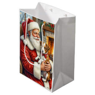 Sacola Para Presentes Média Papai Noel segurando o Chesapeake Bay Terrier