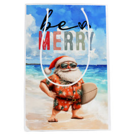 Sacola Para Presentes Média Papai Noel surfista com sua prancha de surfe na pr
