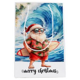 Sacola Para Presentes Média Papai Noel surfista com sua prancha de surfe na pr