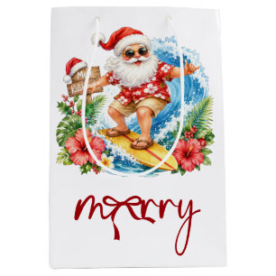 Sacola Para Presentes Média Papai Noel Surfista Natal em Julho Presente Médio