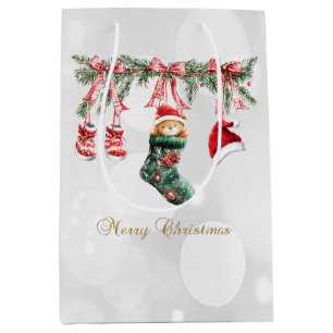 Sacola Para Presentes Média Papai Noel Vermelho Ursinho de Natal Roupas Varal