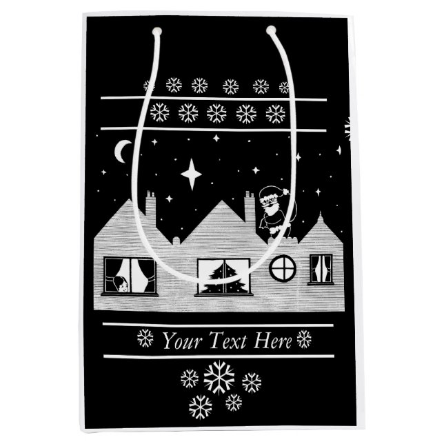 Sacola Para Presentes Média Papais noeis bonitos com saco no telhado preto e b (Frente)