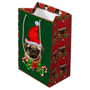 Sacola Para Presentes Média Papais noeis bonitos Pug Feliz de Natal